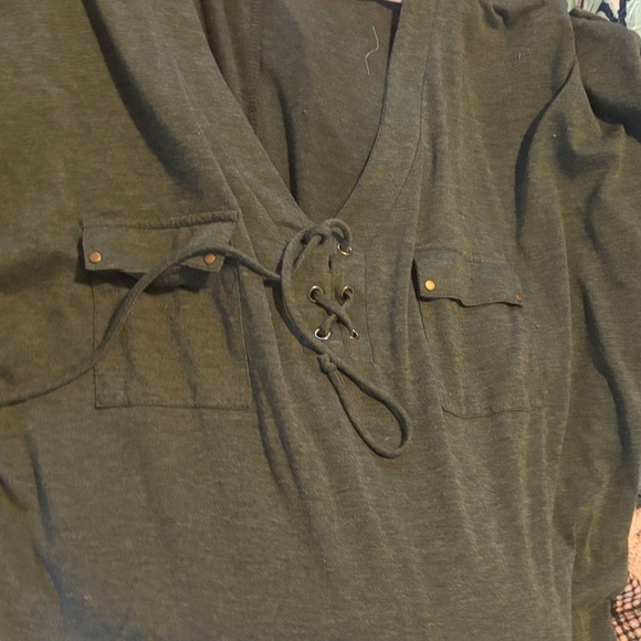 Perseption Lace-Up V-Neck Top - Forest Green - Picture 1 of 5